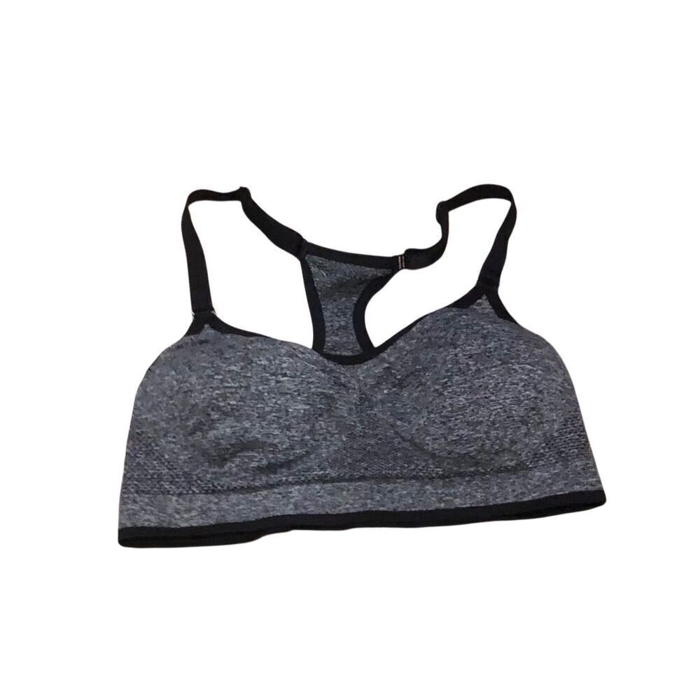 VSX racer back gray with black lining, removable padding sports bra size L